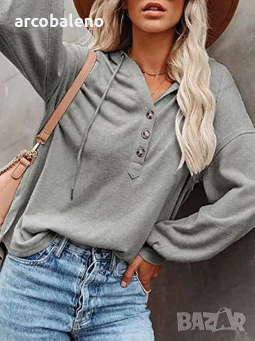 Свободна ежедневна блуза с качулка с V-образно деколте и дълъг ръкав, снимка 3 - Блузи с дълъг ръкав и пуловери - 44792446