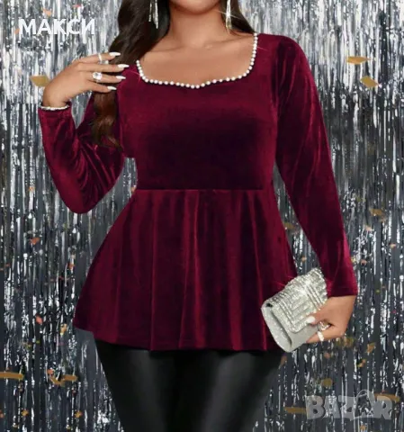 Макси елегантна разкошна еластична туника кадифе с бели перли в тъмно червено