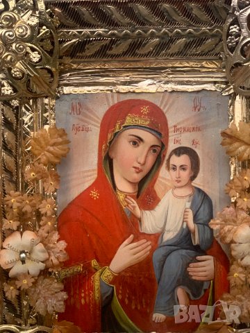 Руска домашна празнична икона Тихвинская чудотворна богородица от 19-ти век, снимка 4 - Колекции - 39685827