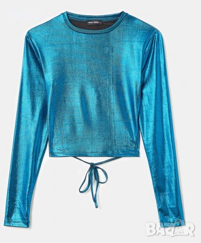 Лъскава Блуза В Син Цвят, снимка 4 - Блузи с дълъг ръкав и пуловери - 39638893
