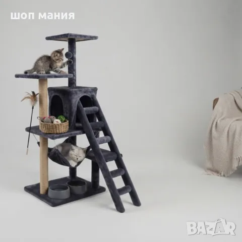 Котешка драскалка с къщичка, хамак и рампа, 125 см, тъмносива, снимка 2 - За котки - 55943941