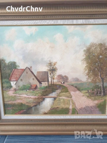 Krotter 77х67см/стара австрийска картина масло върху платно/пейзаж/къщи-река/дървена рамка, снимка 2 - Картини - 51217429