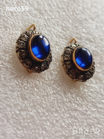 Стари антикварни златни обеци със сапфири и диаманти, злато 14к., снимка 1