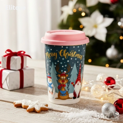 Порцеланова Коледна чаша със силиконов капак, снимка 2 - Чаши - 52503608