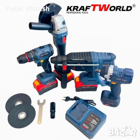 Комплект Акумулаторни Безчеткови Машини 4в1 от Kraftworld Ъглошлайф,Гайковерт,Винтоверт и Перфоратор, снимка 2 - Други инструменти - 50367254