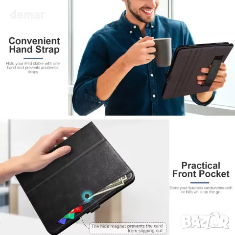 Калъф Zinibri за iPad Pro 13 инча 2024 M4 A2925 A2926 с държач за молив, джоб и каишка за ръка,черен, снимка 6 - Таблети - 47437300