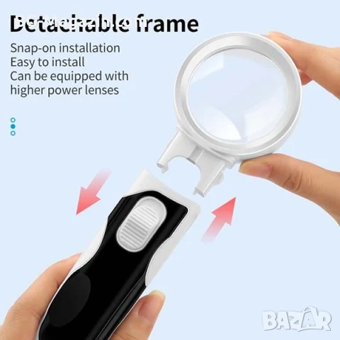 Увеличителна мощна ръчна лупа с LED осветление лампа дръжка различни сменяеми лещи четене бижута, снимка 6 - Други инструменти - 50920055