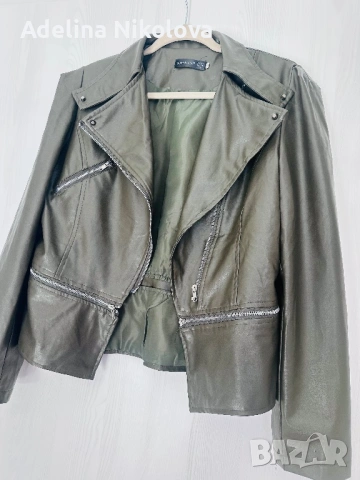 Кожено яке маслено зелен цвят, снимка 3 - Якета - 54136369