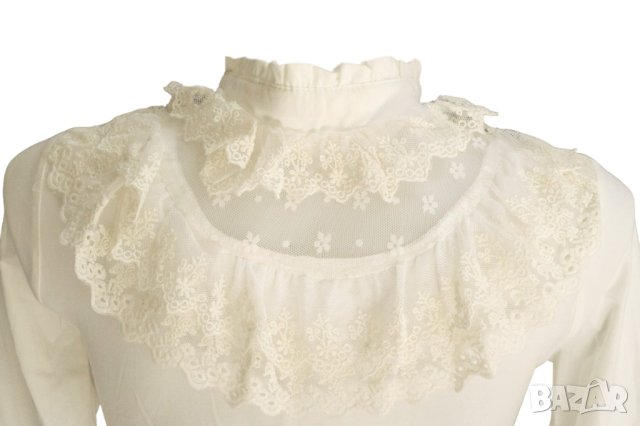 Дамска блуза в цвят екрю с ефектна дантела S/M, снимка 4 - Блузи с дълъг ръкав и пуловери - 42594651