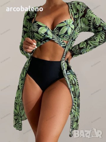 Дамски моден бански костюм от три части с тропически принт - 023, снимка 1 - Бански костюми - 40550205