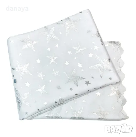 5289 Бяла коледна покривка за маса Сребърни звезди, снимка 2 - Покривки за маси - 47734197