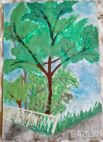 Стара картина акварел, дърво, снимка 1 - Картини - 44363540