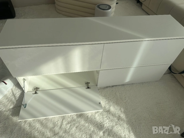 Тв шкаф , бял с бял лак, с пуш бутон, снимка 9 - Шкафове - 54225360