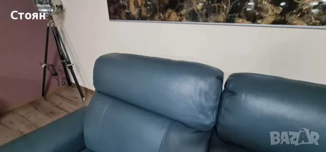 Тюркоазено син кожен диван тройка с ел. релакс механизъм La-z-boy, снимка 4 - Дивани и мека мебел - 49936235