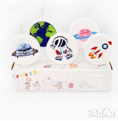Космос ракета космонавт планети земно кълбо 5 бр свещи свещ за торта Рожден ден детско парти топери 
