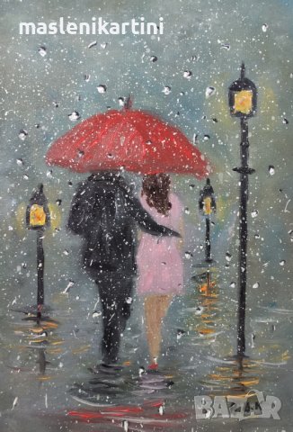 Мъж и жена под дъжда маслена картина , снимка 2 - Картини - 42122950