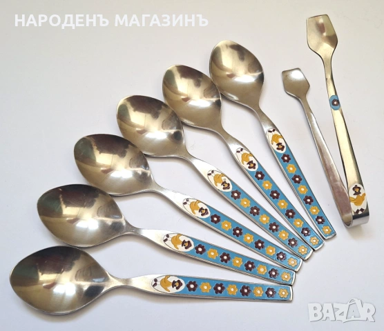 СССР - РЯДЪК детски комплект 6 лъжички за чай с емайлирани дръжки и щипка сервиз дете , снимка 5 - Други ценни предмети - 54305301