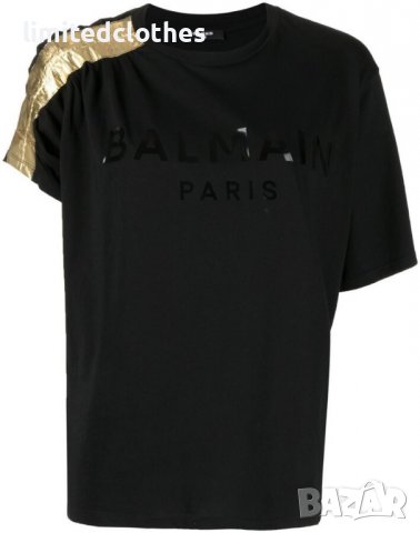 BALMAIN Gold Metallic Sleeve Logo Print Дамска Тениска size XS и S, снимка 1 - Тениски - 40230439