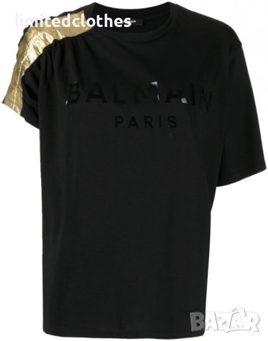 BALMAIN Gold Metallic Sleeve Logo Print Дамска Тениска size L