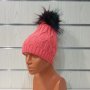 Нова зимна дамска шапка в цвят корал с шарен помпон/пух, снимка 6