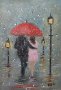Мъж и жена под дъжда маслена картина , снимка 2