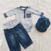 Дънки Tom Tailor и боди риза H&M и дънкова шапка за бебе 0-3 месеца, снимка 5 - Панталони и долнища за бебе - 39207843