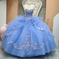 Царствена сватбена рокля в синьо с 3 Д апликация, снимка 1 - Рокли - 42302144