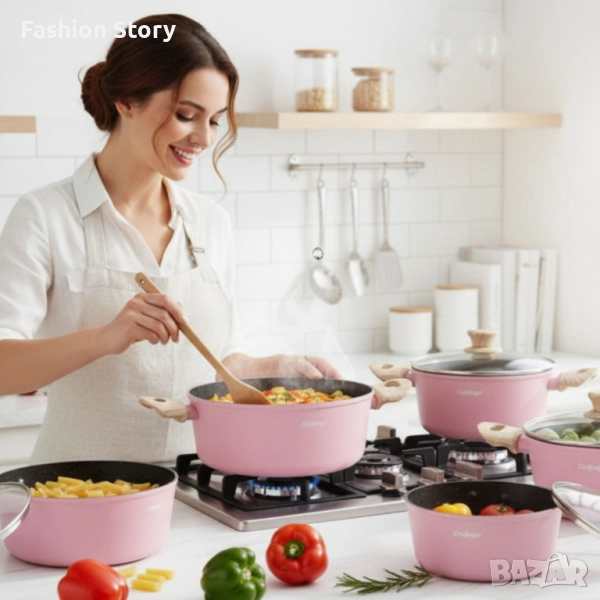 Cheffinger - Розов комплект тенджери, с мраморно покритие, здравословно готвене без залепване, снимка 1