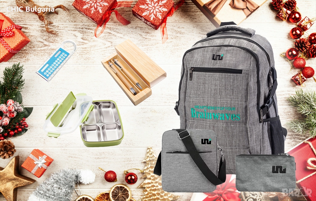 Раница с USB, кутия за обяд, химикал + Подарък коледни лакомства - КОЛЕДНА ПРОМОЦИЯ, снимка 1