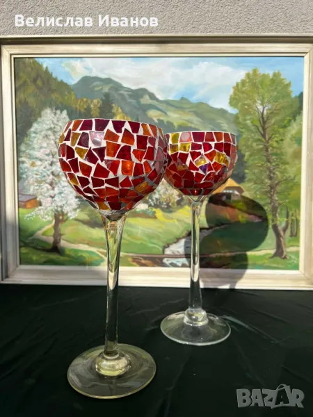 Красиви високи чаши стъклен мозаечен ураган. Отлично състояние., снимка 1