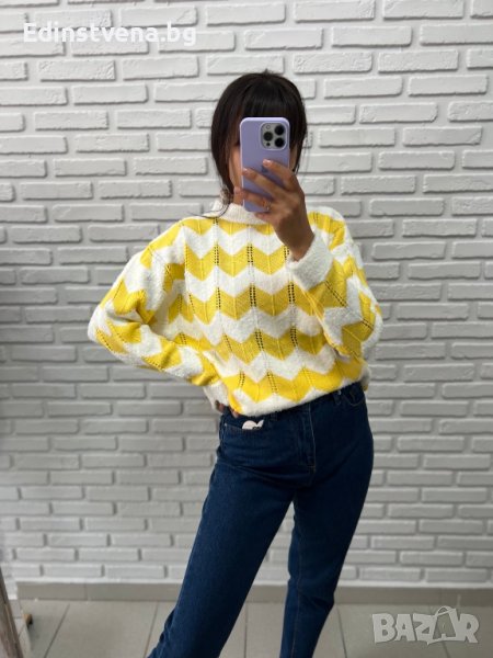 Дамски пуловер в жълто и бяло, снимка 1