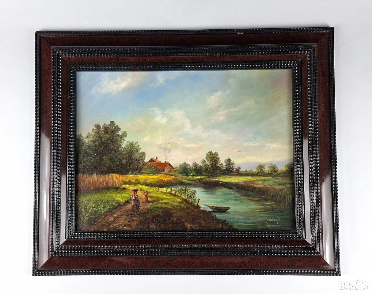 Картина с пейзаж, изобразяващ спокойна селска сцена край река, снимка 1