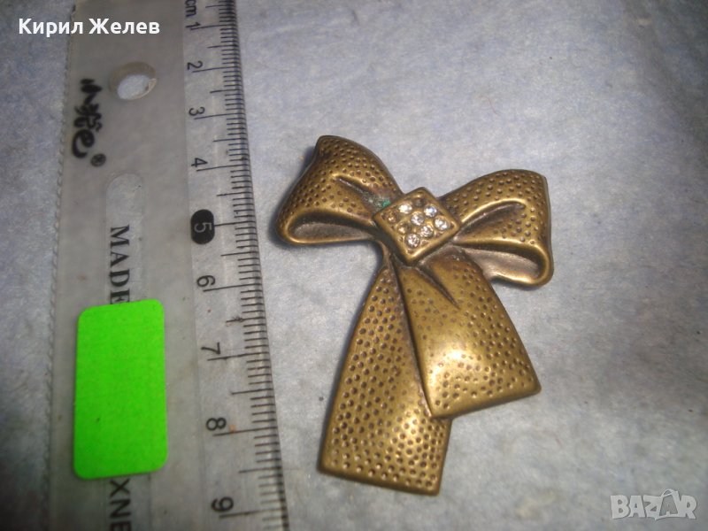 СТАРА БРОНЗИРАНА АРТ ДЕКО РЕТРО БРОШКА - ПАНДЕЛКА от НЕРЪЖДАЕМА СТОМАНА с КРИСТАЛЧЕТА 14472, снимка 1