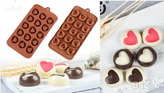 15 сърца сърце с дупка за пълнеж силиконов молд форма за шоколадови бонбони фондан гипс , снимка 1