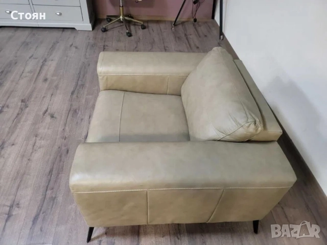 Бежов кожен фотьойл 100 % естествена кожа, снимка 5 - Дивани и мека мебел - 51954237