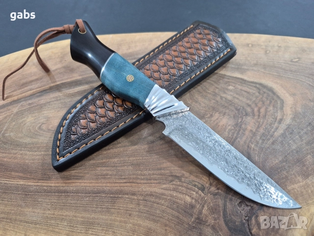 Ловен нож дамаска VG10 стомана,уникална дръжка и кожена кания,LN436, снимка 2 - Ножове - 52950791