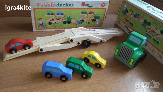 Подвижен Дървен Автовоз камион с 4 колички и голяма дървена платформа , снимка 13 - Образователни игри - 36583993