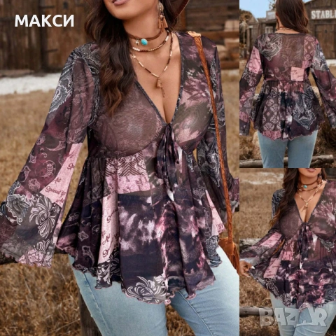 Макси еластична прозрачна блуза с клоширани ръкави и секси V-образно дълбоко деколте в красив модере