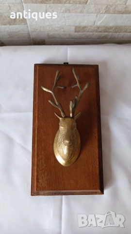 Месингова глава на елен с дървен постамент - 25/13см, снимка 9 - Антикварни и старинни предмети - 53082800