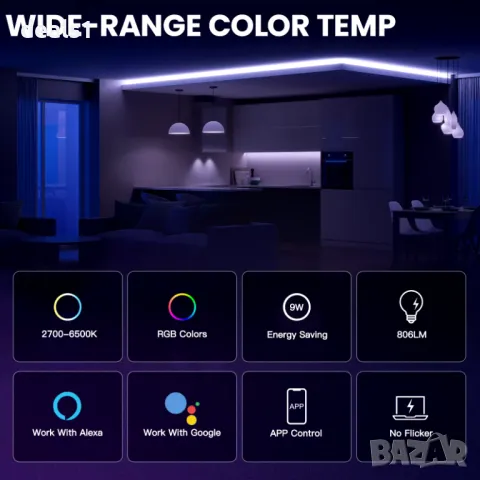 MOES Интелигентна Bluetooth LED Крушка с Регулируема Светлина 9W E27 Регулируем Цвят , снимка 3 - Лед осветление - 47704774