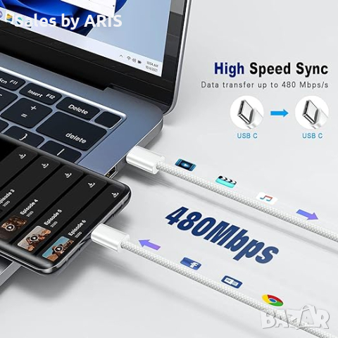  Кабели за бързо зареждане тип C за iPhone, MacBook , Samsung. Type C , снимка 5 - USB кабели - 44561108
