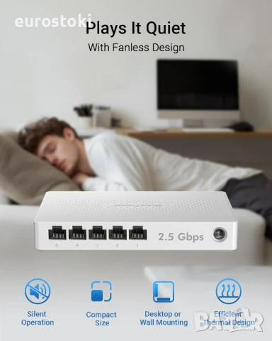 BrosTrend 5-портов 2.5GB комутатор, неуправляем Ethernet комутатор за игрова конзола, компютър, снимка 4 - Рутери - 51253532