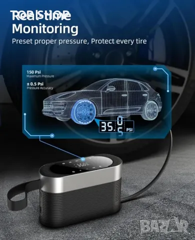 Преносим въздушен компресор за помпане на гуми 12v DC- 150PSI, снимка 7 - Аксесоари и консумативи - 48927076