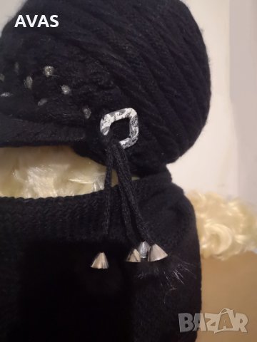 Нов комплект черна шапка с шал Вълна и ангора, снимка 4 - Шапки - 31046204