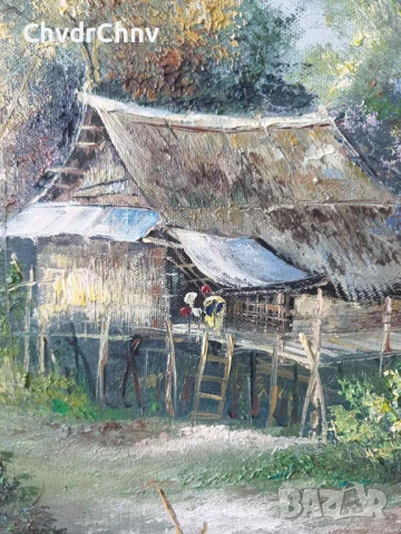 69х49см/голяма картина масло върху платно/джунгла/наколни къщи-дървета-река/дървена рамка, снимка 4 - Картини - 50896266