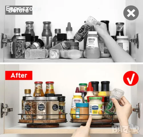 Въртящ се органайзер YUNISS Lazy Susan, дървена въртяща се поставка за съхранение, кухненски , снимка 5 - Прибори за хранене, готвене и сервиране - 48464783