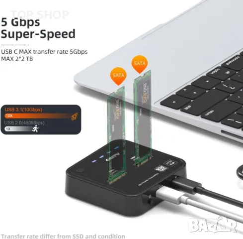 MAIWO K3016S 2 Bay m.2 SATA докинг станция, кутия за външен твърд диск Type C към SATA SSD, снимка 4 - Друга електроника - 48514514