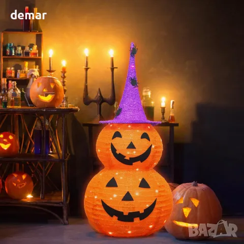 Тиквени светлини за Хелоуин, LED, на батерии, с шапка на вещица, сгъваеми (92 см височина), снимка 6 - Декорация за дома - 47990632