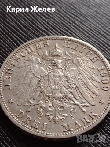 СРЕБЪРНА МОНЕТА 3 марки 1909г. ГЕРМАНСКА ИМПЕРИЯ ВИЛХЕЛМ втори УНИКАТ ЗА КОЛЕКЦИОНЕРИ 19287, снимка 2 - Нумизматика и бонистика - 39692092