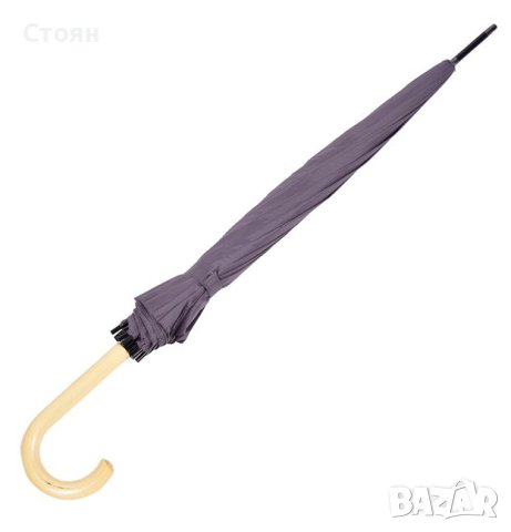 Чадър тип бастун автоматичен сива дървена дръжка 85,5 см, снимка 4 - Чадъри - 42877329